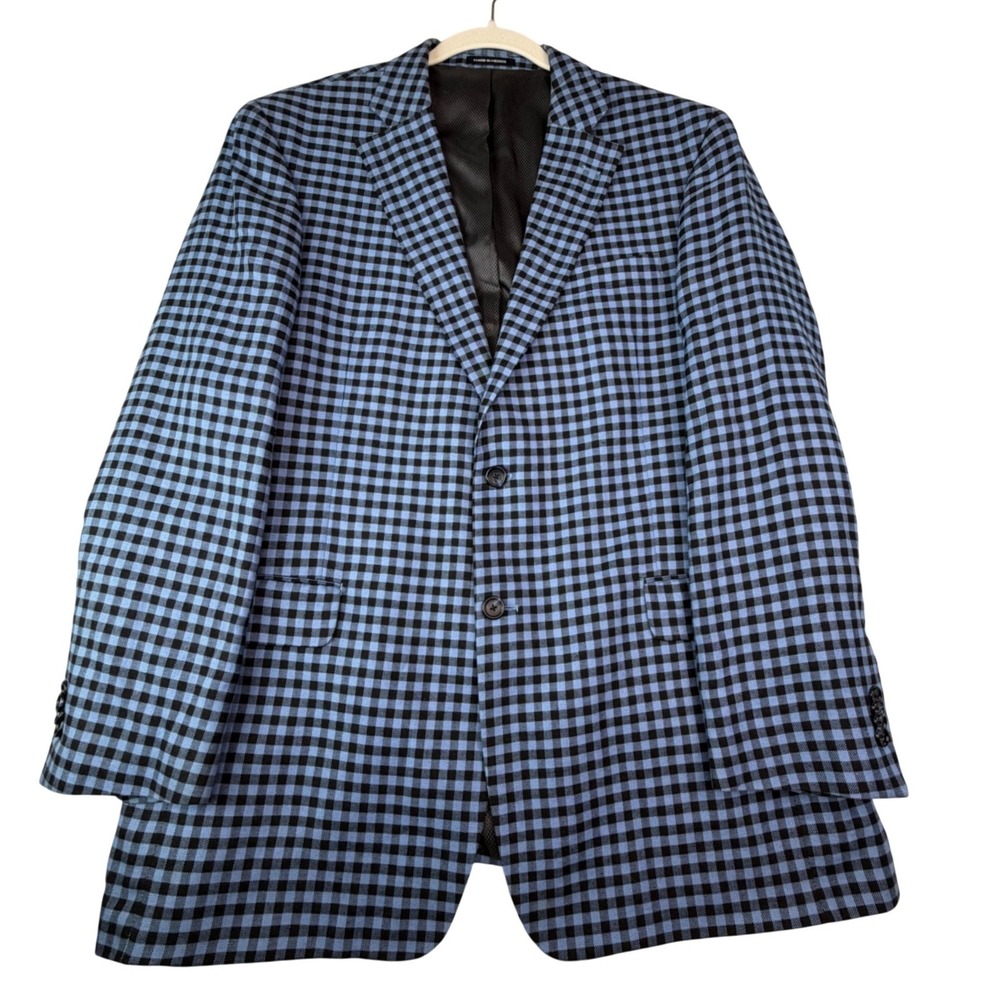 Paul Fredrick‎ 42R Linen Cotton Sport Coat Blue Gingham Blazer Summer Preppy